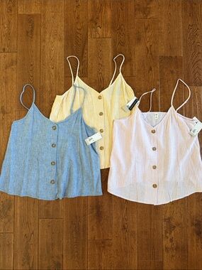 NWT Set of 3 Lightweight Button-Front Camis - Solid Denim, Striped Yellow & Pink